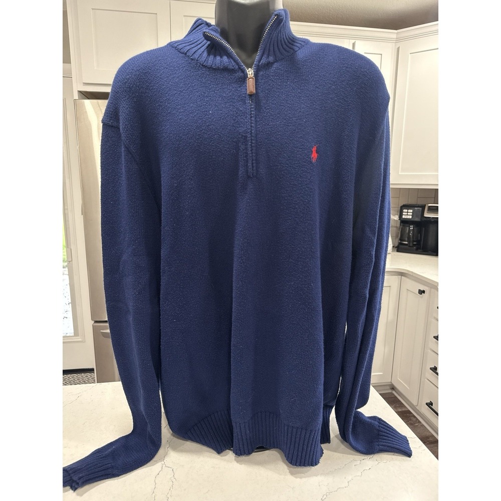 Polo Ralph Lauren Men's Quarter Zip Sweater XL Navy Logo Cotton